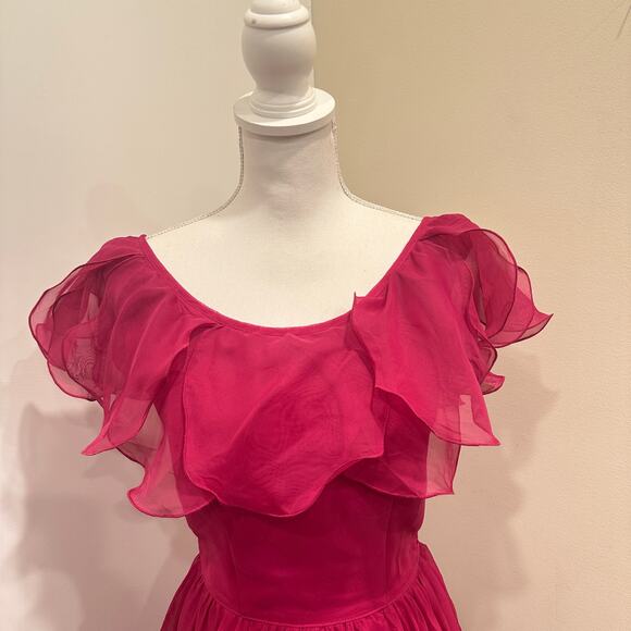 VTG 80s C&A Your Sixth Sense Fuchsia Ruffle Sequin Chiffon Maxi Gown XS Coquette - Picture 4 of 12